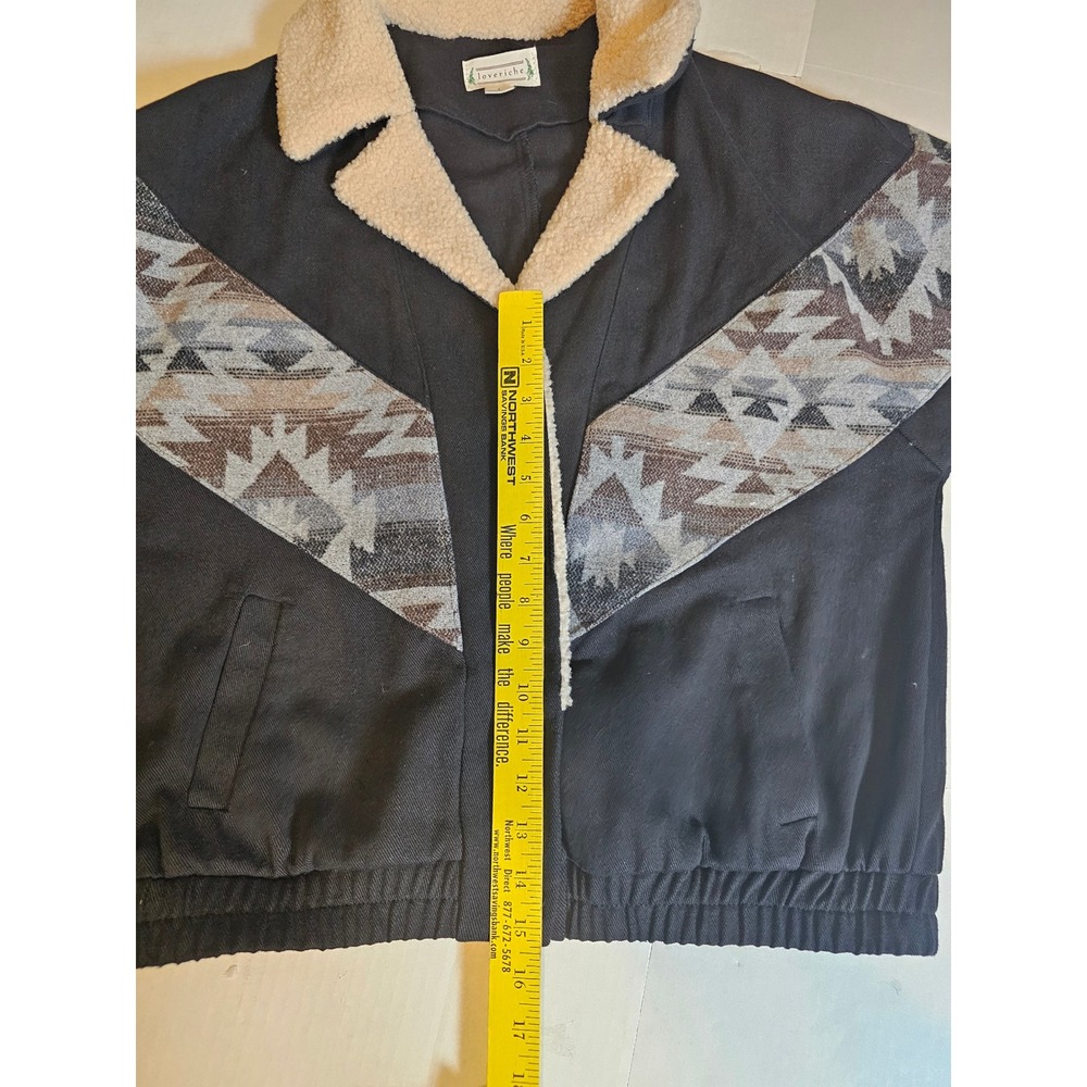 Loveriche Black Southwestern Geometric Bomber Jacket Faux Shearling Collar Large
